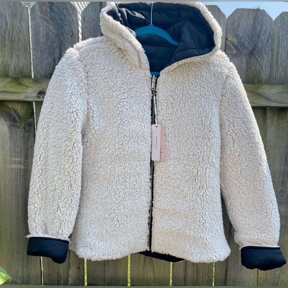 Black & Cream Reversible Hooded Faux Sherpa Jacket Size L NWT - Picture 7 of 9